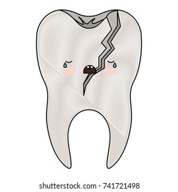 broken kawaii tooth with root in colored crayon silhouette vector illustration