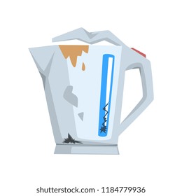 Broken kettle, damaged home appliance cartoon vector Illustration on a white background