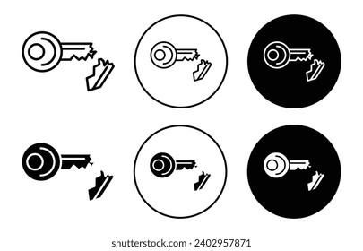 Broken key icon. home entrance key hole break damaged vector. broken key repair service for security breach by thief symbol. metal broken latchkey sign set