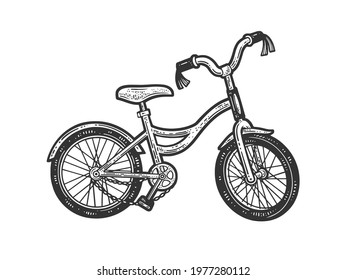 Broken kids bicycle line art sketch engraving vector illustration. T-shirt apparel print design. Scratch board imitation. Black and white hand drawn image.