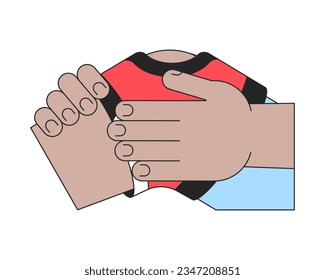 Broken knee in brace flat line color isolated vector object. Hands touching trauma. Editable clip art image on white background. Simple outline cartoon spot illustration for web design