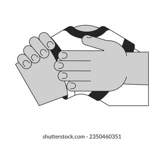Broken knee in brace flat monochrome isolated vector object. Hands touching trauma. Editable black and white line art drawing. Simple outline spot illustration for web graphic design