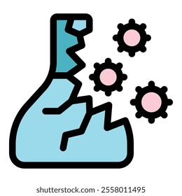 Broken lab flask releasing virus molecules, representing a biohazard containment breach and potential epidemic