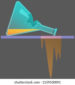 Broken laboratory beaker lies on table with flowing liquid. Test tube icon. Failed experiment in lab. Error creating vaccine. Theme of chemistry, medicine. Explosive chemical reaction, dangerous try