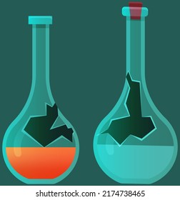 Broken laboratory beaker with reagent. Theme of chemistry, medicine. Concept of explosive chemical reaction, dangerous try. Test tube, dark background. Failed experiment in lab. Error creating vaccine