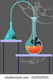 Broken laboratory beaker sign. Test tube icon on dark background. Failed experiment in lab. Error creating vaccine. Theme of chemistry, medicine. Concept of explosive chemical reaction, dangerous try