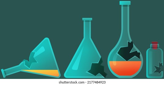 Broken laboratory beaker. Test tube on dark background on shelves. Failed experiment in lab. Error creating vaccine. Theme of chemistry, medicine. Concept of explosive chemical reaction, dangerous try