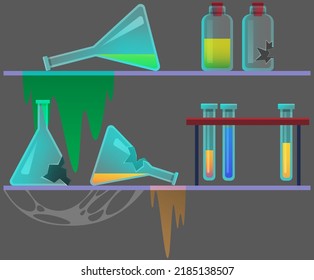 Broken laboratory beaker. Test tube on dark background on shelves. Failed experiment in lab. Error creating vaccine. Theme of chemistry, medicine. Concept of explosive chemical reaction, dangerous try