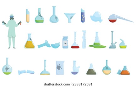 Broken laboratory glassware icons set cartoon vector. Science medical test. Flask tube chemistry