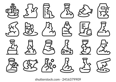 Iconos de vidrio de laboratorio rotos establecen el vector de contorno. Ciencias médicas. Tubo de prueba de laboratorio