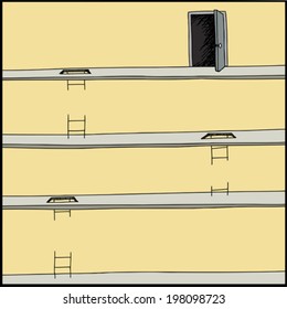 Broken ladders on levels with open door