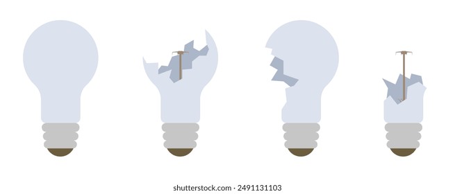 Broken lamp concept. White Light of Destruction. A whole light bulb, a broken light bulb. EPS 10.