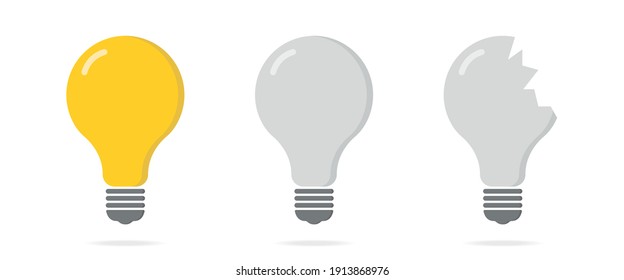 Broken lamp concept. Yellow lightbulb destruction. Whole bulb, lamp off, broken lightbulb. Vector