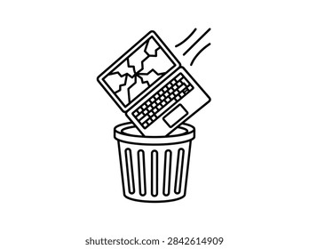 Broken Laptop Computer Falling Into Trash Bin Symbolizing E-Waste and Electronic Waste Management