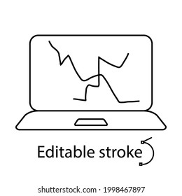 Broken laptop display outline icon. Computer problem. Laptop repairs. Customizable linear contour symbol. Editable stroke. Isolated vector stock illustration
