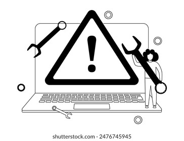 Broken laptop with error. Error warning sign on the screen. Vector outline illustration.