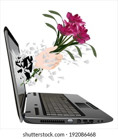 broken laptop screen with hand giving a flowers isolated on white background
