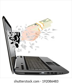 broken laptop screen with hand giving a money isolated on white background