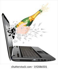 broken laptop screen with hand giving uncorked Champagne Bottle isolated on white background