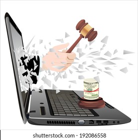 broken laptop screen with hand giving Gavel and money isolated on white background
