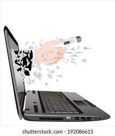 broken laptop screen with hand giving a thermometer isolated on white background