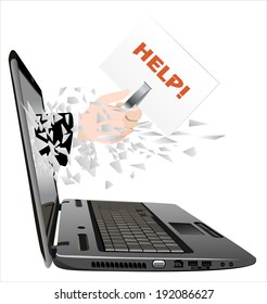 broken laptop screen with hand giving a help isolated on white background