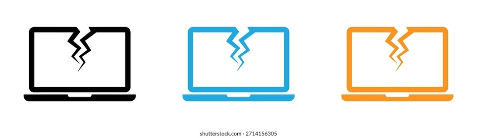 Icono roto de la pantalla del ordenador portátil en tres colores. Icono de portátil roto con una pantalla agrietada para una computadora dañada Símbolo de un error de bloqueo o falla de hardware que necesita servicio de reparación. 