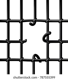 The broken lattice on the prison window with a hole to go free