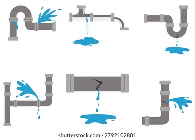 Broken Leaking Water Pipe Crack Drip Plumbing Problem Vector Icon Set, isolated on white 