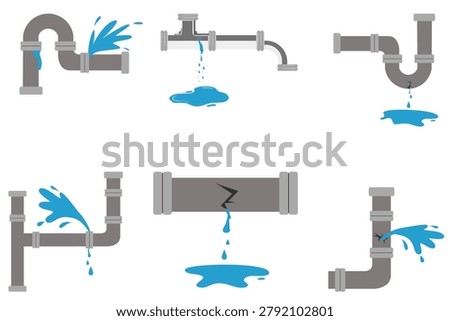 Broken Leaking Water Pipe Crack Drip Plumbing Problem Vector Icon Set, isolated on white 