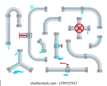 Broken and leaking water pipes. Plumbing repairs. Pipeline parts, valves and plumbing isolated on white background. Set of industrial drainage systems in a trendy flat style.