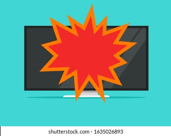 Broken Led Tv Screen Or Crashed Computer Monitor Vector Flat Cartoon Illustration, Destroyed With Explosion Wide Screen Television Display Modern Design 