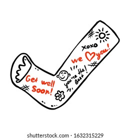 Broken leg cast doodle with positive writings from friends. Injured limb in gypsum plaster. Good get well soon wishes. Media glyph graphic icon