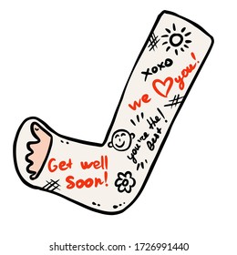 Broken leg cast doodle with positive writings from friends. Injured limb in gypsum plaster. Good get well soon wishes. Media glyph graphic icon