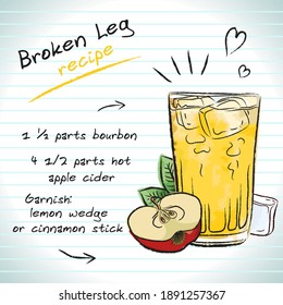 Broken leg cocktail, vector sketch hand drawn illustration, fresh summer alcoholic drink with recipe and fruits 