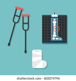 broken leg conceptual set: crutches, x-ray image and cast bandage / editable vector illustration, clip art