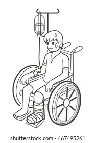 broken leg guy sitting on wheelchair with drug