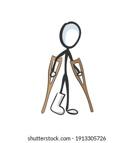 Beingips zerbrochen. Vektor einfache Behinderung körperlich Behinderung Person. Stickman no face Clip Kunst Cartoon. Handgezeichnet. Doodle-Skizze, Grafikgrafik