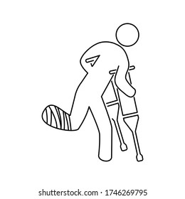 Broken leg icon. Using sticks. Physiotherapy elements for foot icon medicine for cellular concepts and web applications. The thin line broken leg icon can be used for web and mobile