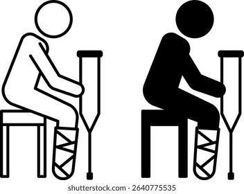 Broken Leg Icons. Black and White Vector Illustration. Man Sitting On Chair With Plaster On Leg. Injury, Illness, Medicine. Disability Concept

