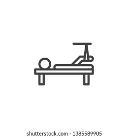 Broken leg line icon. linear style sign for mobile concept and web design. Injured man with broken leg lying in hospital bed outline vector icon. Symbol, logo illustration. Pixel perfect vector 