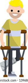 Broken leg. A nerd man on crutches standing with plaster on his leg. Injured guy. Need for Medical care. Sick patient. Cartoon flat illustration