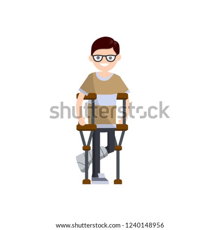Broken leg. A nerd man on crutches standing with plaster on his leg. The injured guy. The need for Medical care. Sick patient. Cartoon flat illustration

