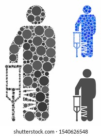 Broken leg patient composition of filled circles in variable sizes and color tinges, based on broken leg patient icon. Vector filled circles are grouped into blue collage.