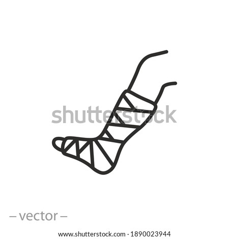 broken leg in a plaster icon, injured foot in a cast bandage, orthopedic gypsum, injury bone, thin line symbol on white background - editable stroke vector illustration eps 10