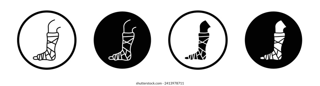 Broken leg in a plaster icon set. Person Foot injury gypsum bandage vector symbol in a black filled and outlined style. Man Fracture leg bone sign.