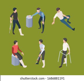 Broken legs. Crutches adult person medical orthopedics rehabilitation vector isometric human