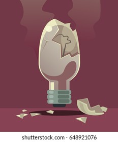 Broken light bulb. Bad idea. Rejected invention.  Vector flat cartoon illustration