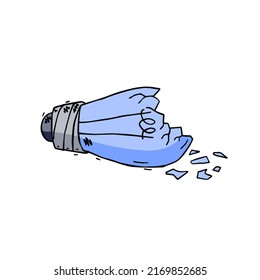Broken light bulb. Crack in lightbulb. Sketch Shards of glass. Concept of idea and solution of problem. Doodle drawn Electric light.