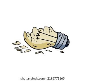 Broken light bulb. Crack in lightbulb. Sketch Shards of glass. Concept of idea and solution of problem. Doodle drawn Electric light.